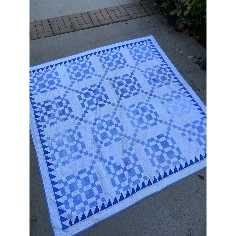 Handmade Quilt White and Blues 74 x74 inches Farmhouse Style Sawtooth Border